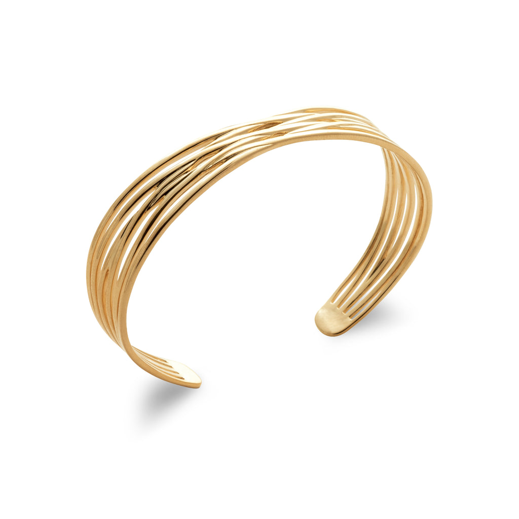 Gold-tone open cuff bracelet with flowing layered lines and a sculptural contemporary design by HNKO