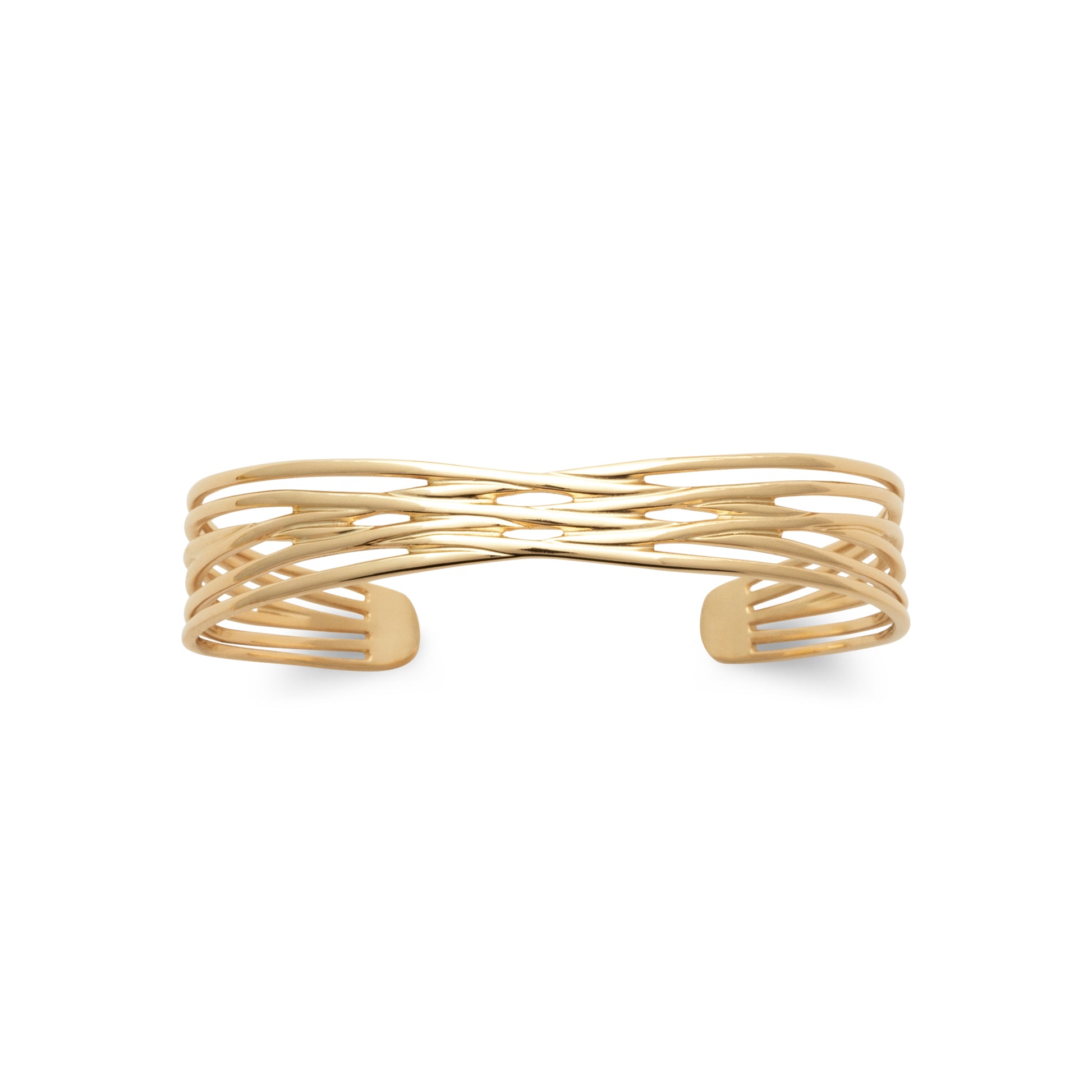 Gold-tone layered cuff bracelet with flowing interwoven lines and a sculptural contemporary design by HNKO
