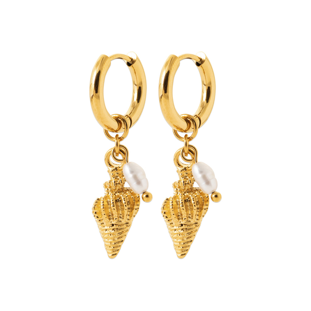 Gold hoop earrings with seashell charms and freshwater pearls inspired by the Nordic coast by HNKO Finland
