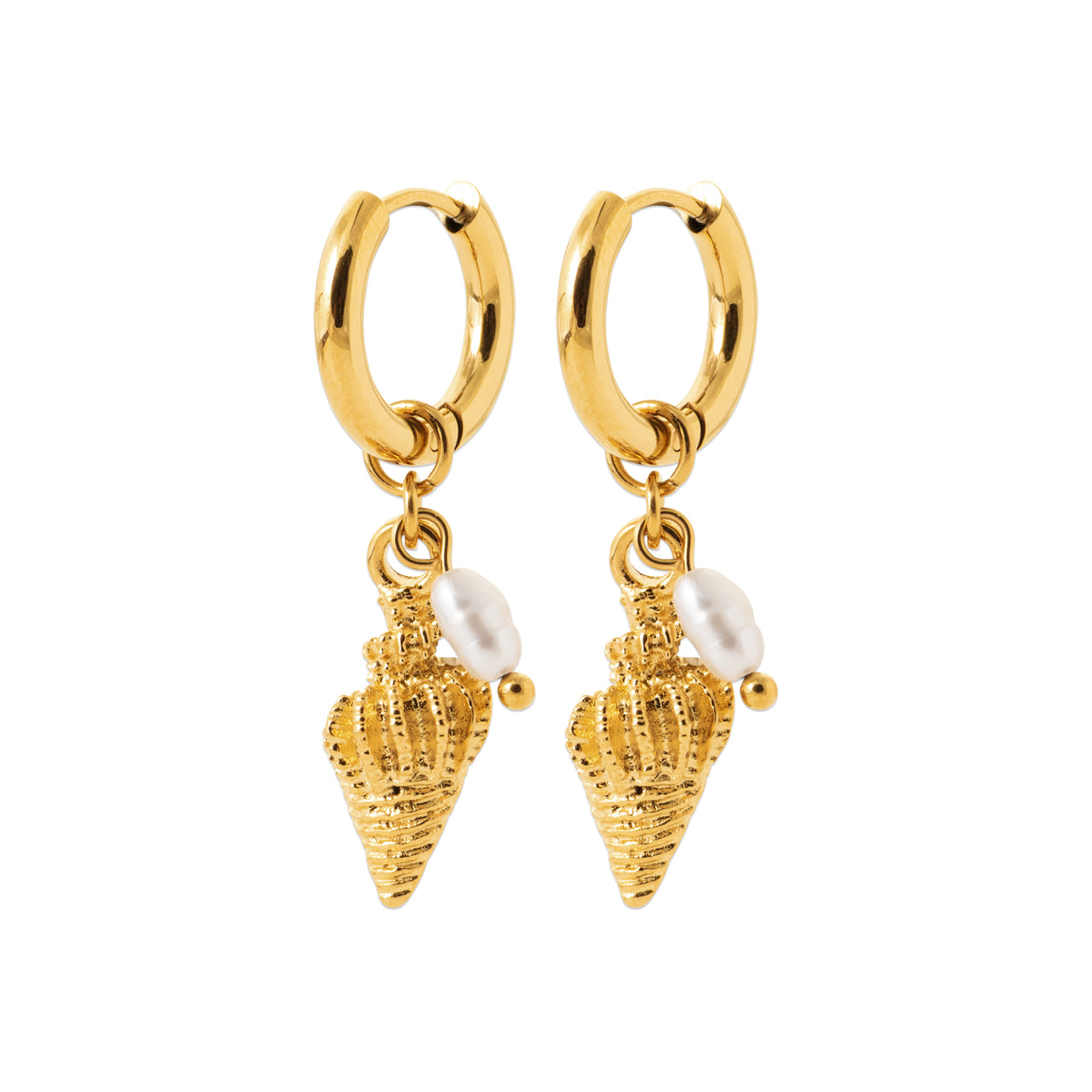 Gold hoop earrings with seashell charms and freshwater pearls inspired by the Nordic coast by HNKO Finland