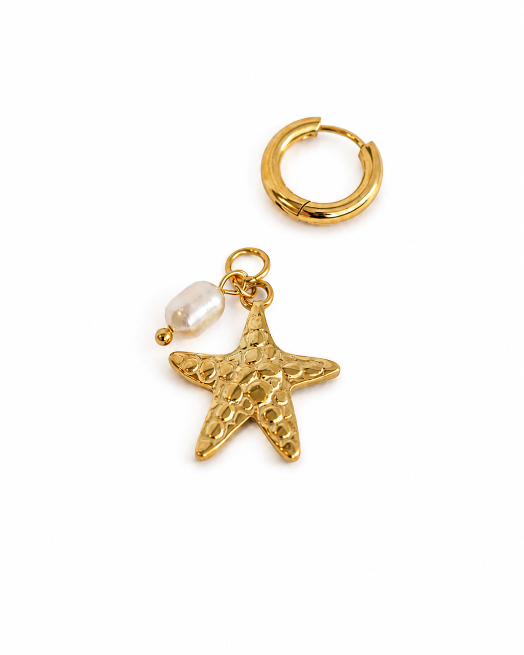 Gold-tone hoop earring with a starfish charm and freshwater pearl inspired by Nordic coastal life by HNKO