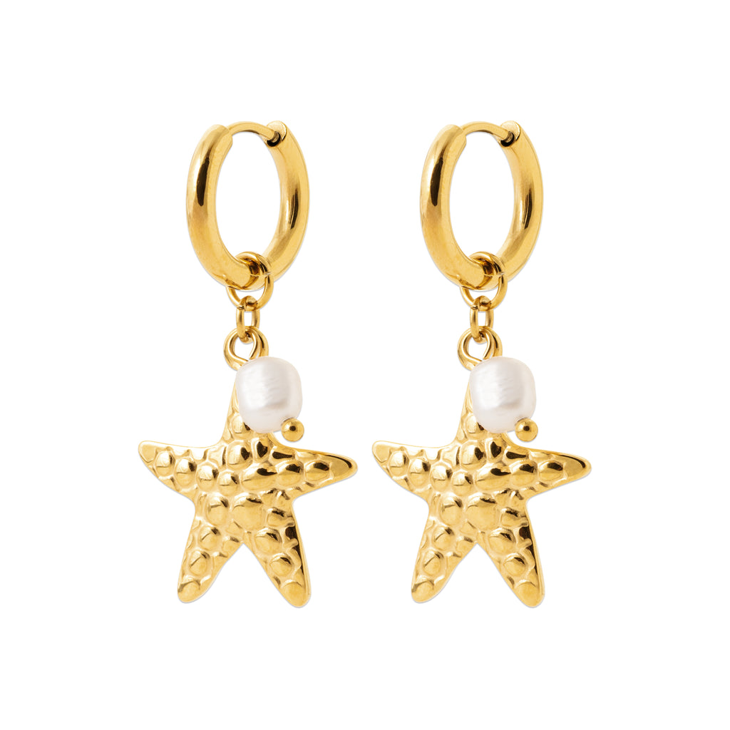 Gold-tone hoop earrings with starfish charms and freshwater pearls inspired by Nordic coastal life by HNKO