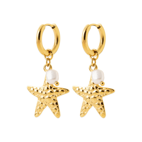 Gold-tone hoop earrings with starfish charms and freshwater pearls inspired by Nordic coastal life by HNKO