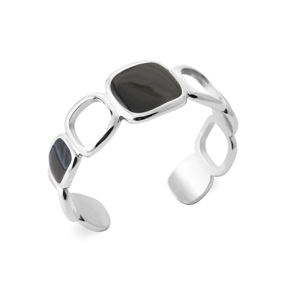 Stainless steel cuff bracelet with geometric open links and dark stone-inspired accents in a sculptural contemporary design by HNKO