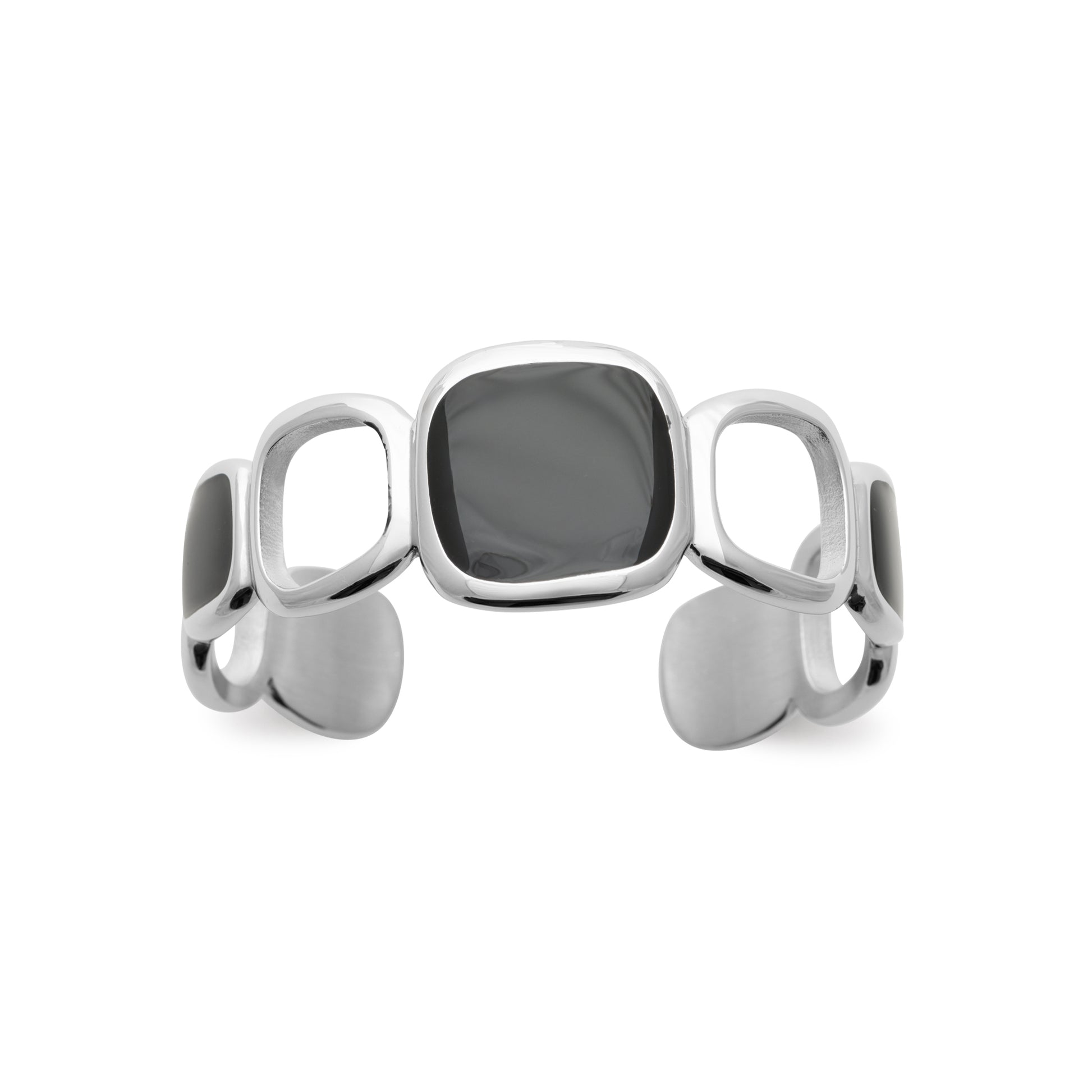 Stainless steel cuff bracelet with geometric open links and dark stone-inspired accents in a polished sculptural design by HNKO