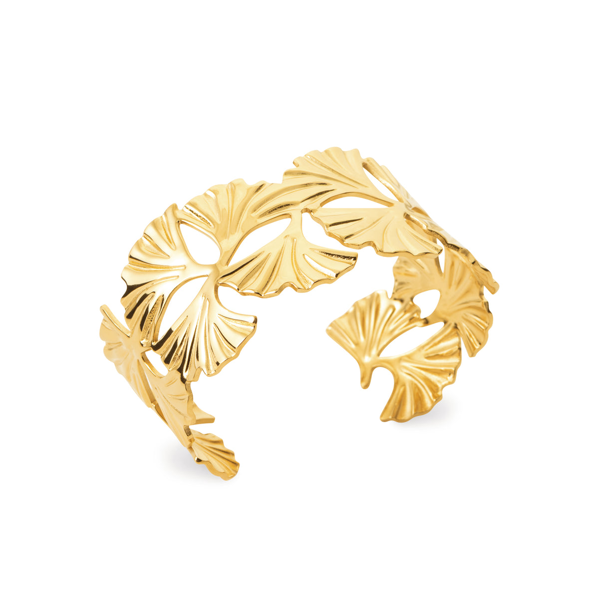 Gold-tone botanical cuff bracelet with organic leaf-inspired openwork details and a sculptural design by HNKO