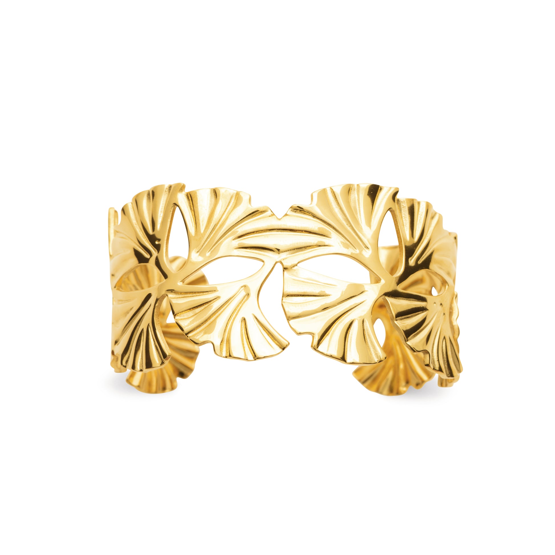 Gold-tone botanical cuff bracelet with organic leaf-inspired openwork details and a polished sculptural design by HNKO