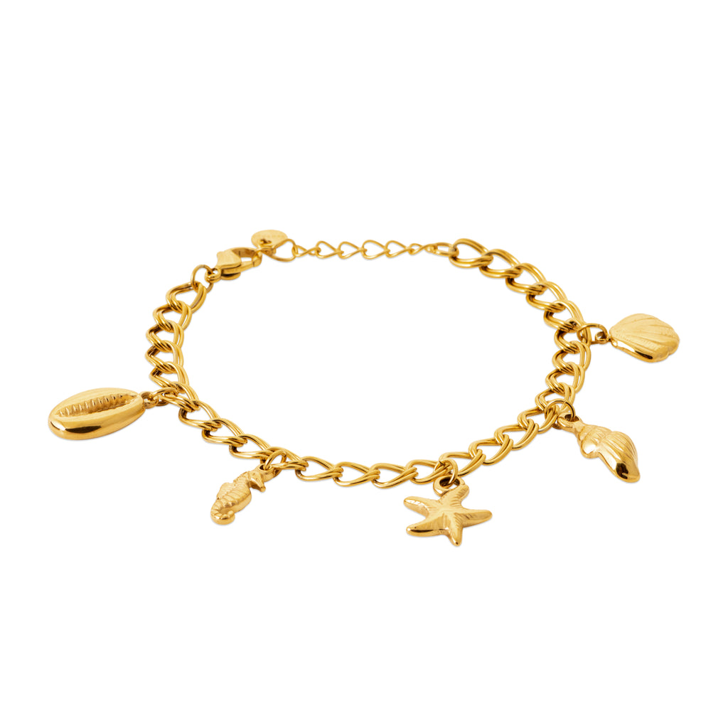 Gold chain bracelet with seashell, starfish and shell charms inspired by Nordic coastal life by HNKO Finland