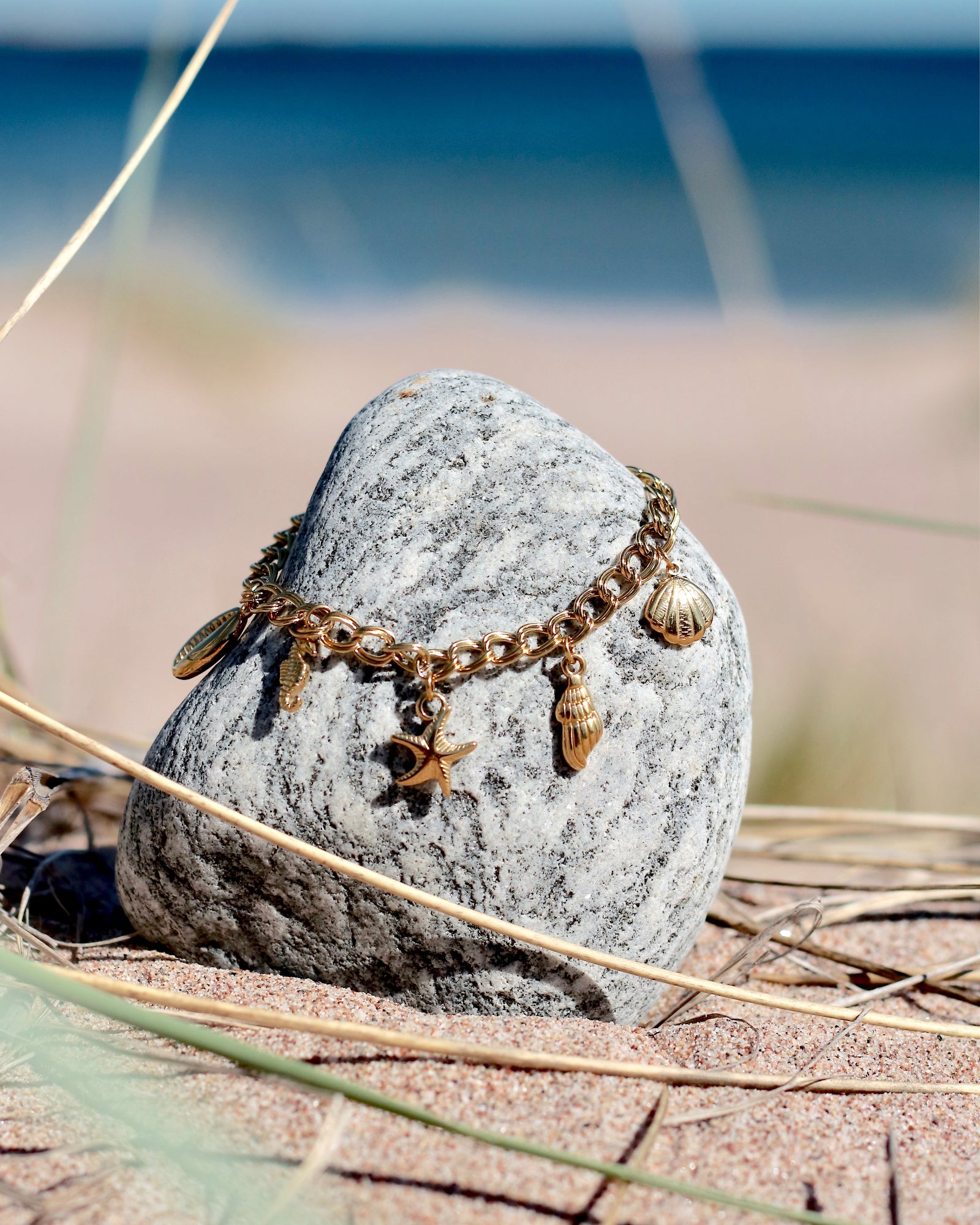 Gold charm bracelet with seashell and starfish pendants displayed on a beach stone by the sea by HNKO Finland