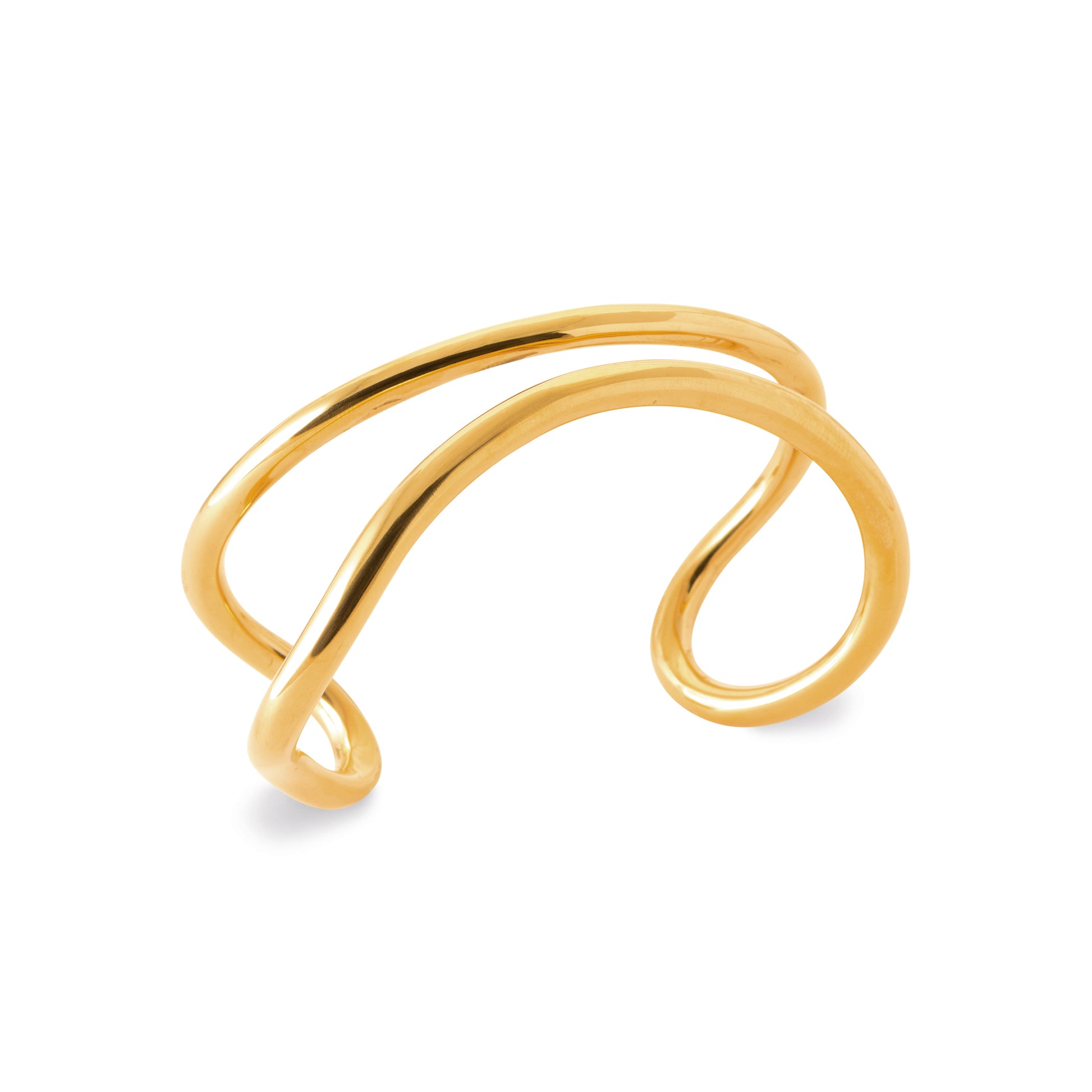 Gold-tone open cuff bracelet with flowing organic curves and a polished sculptural design by HNKO