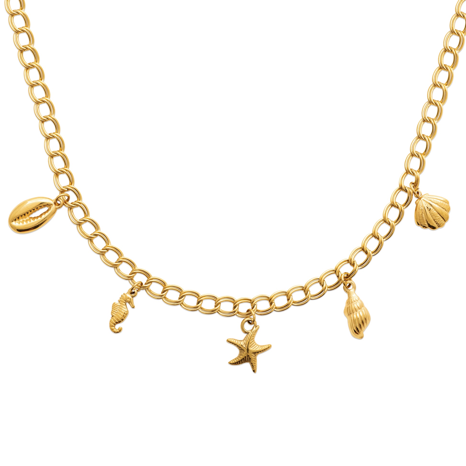 Gold-tone charm chain necklace featuring starfish, shell, seahorse and seashell charms inspired by Nordic coastal life by HNKO