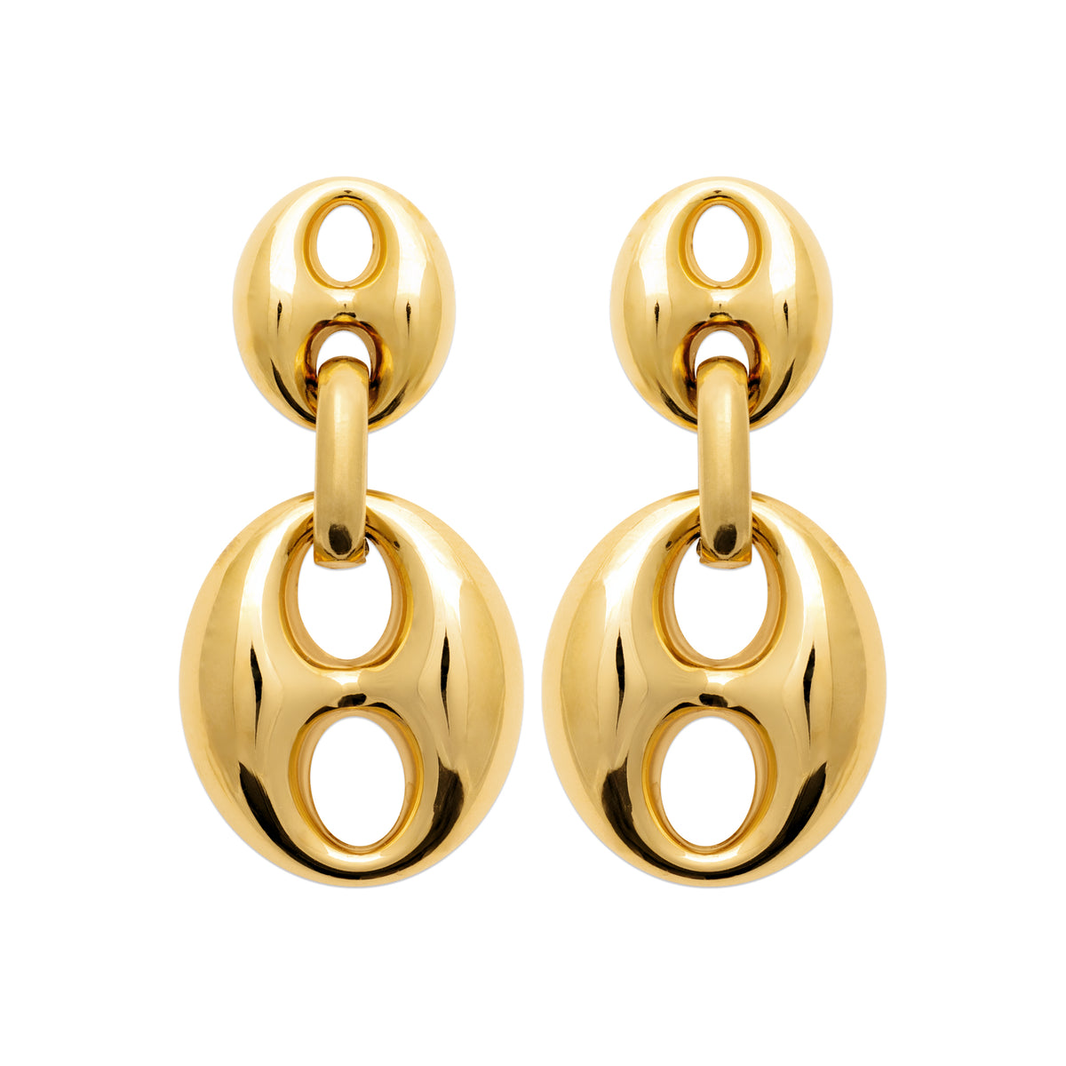 A pair of gold drop earrings with a polished spherical stud and a larger oval drop featuring concentric cutout rings, shown on a plain white background.