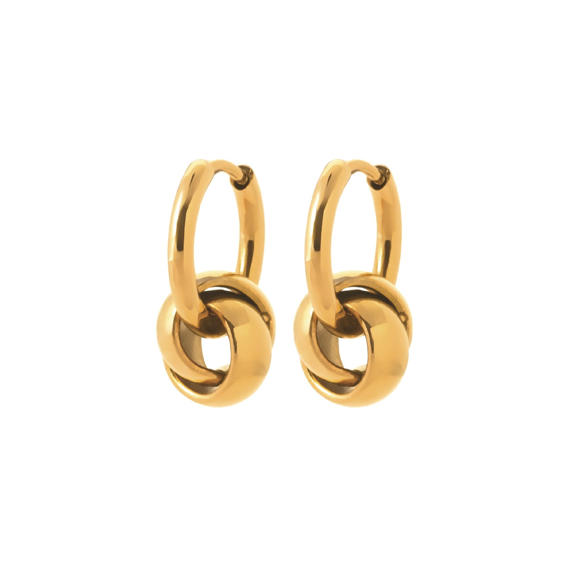 Pair of gold hoop earrings on a white background