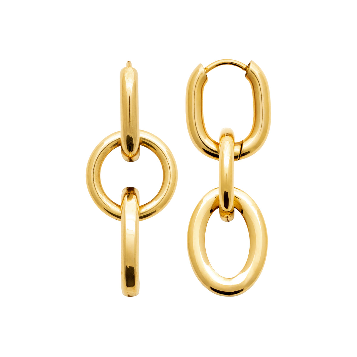 Gold-tone link drop earrings with interlocking oval and round hoops in a polished contemporary design by HNKO