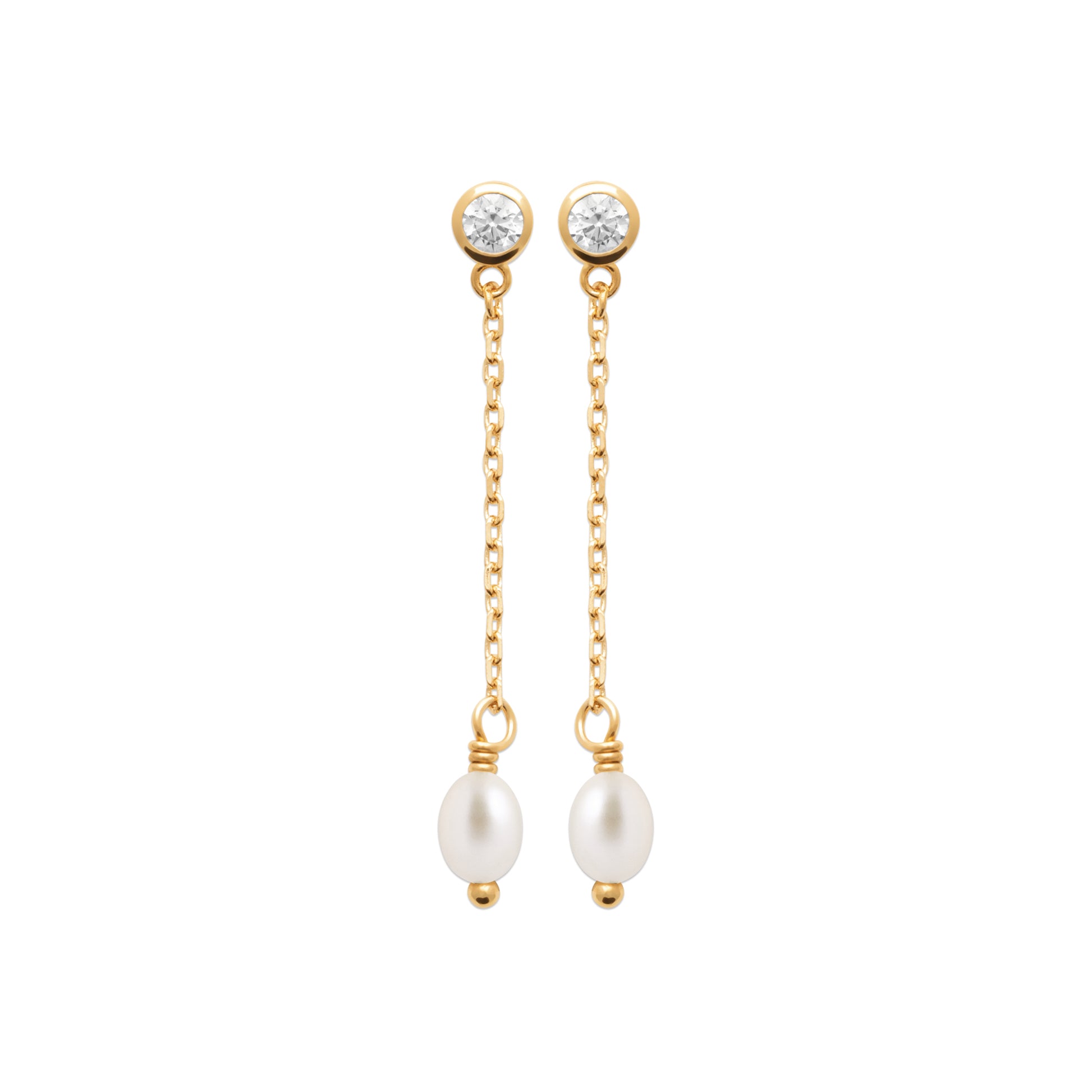 A pair of gold dangle earrings with round clear gemstone studs, delicate gold chains, and white pearl drops, shown on a plain white background.
