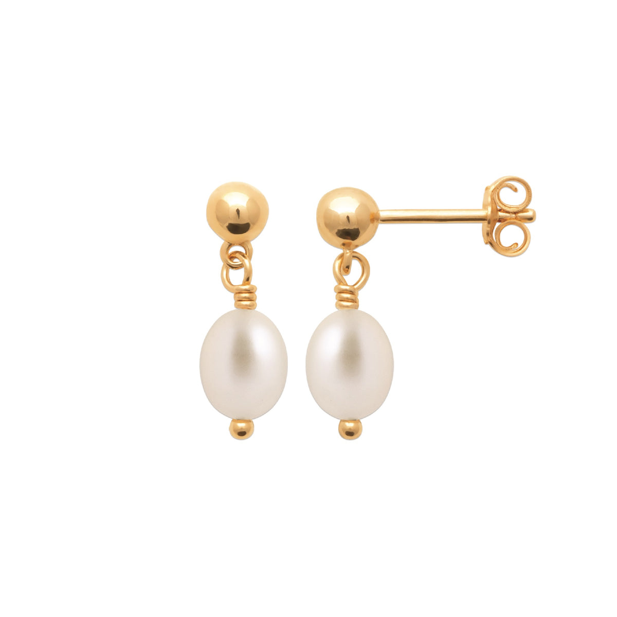 A pair of gold stud earrings with oval white freshwater pearls, shown on a clean white background. One earring is facing forward to show the pearl and post, while the other is turned to the side showing the screw-back post and butterfly clasp.