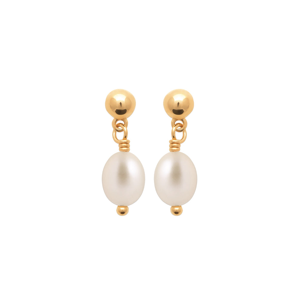 A pair of gold and white pearl drop earrings on a solid white background.