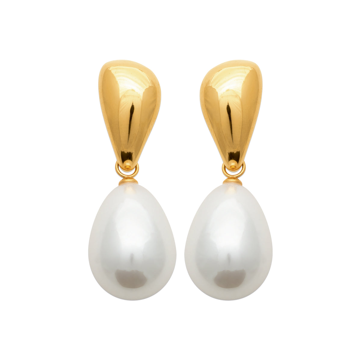 Gold earrings with white pearl drops on a white background