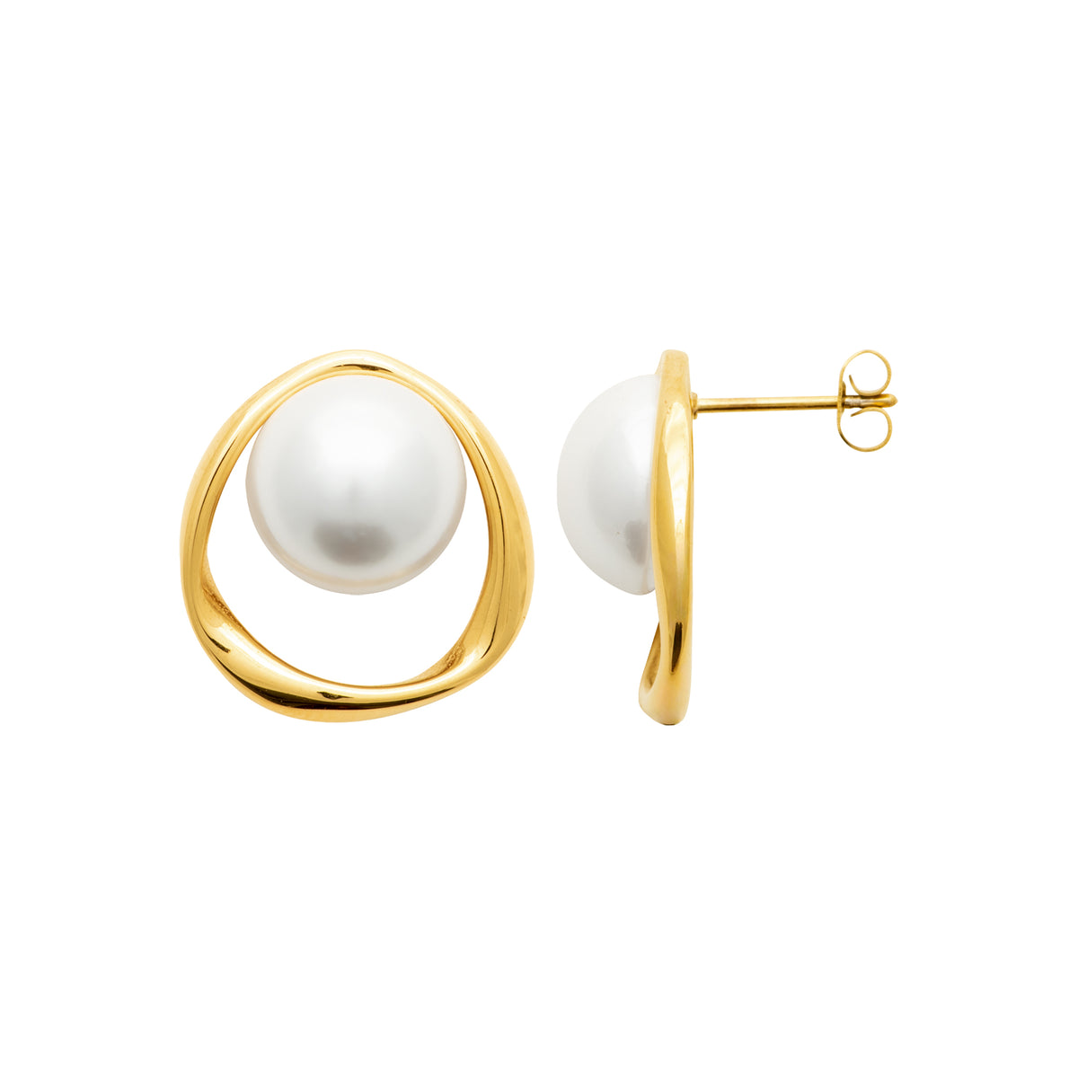 A pair of gold and pearl stud earrings, with one shown from the front displaying a white pearl inside an open, curved gold frame, and the other shown from the side displaying the post and butterfly back.