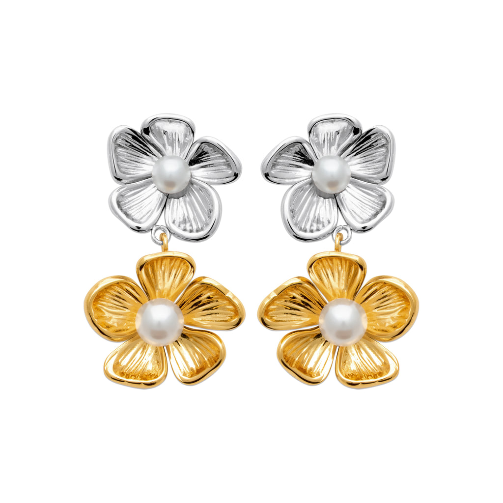 Two-Tone Steel Floral Earrings with  Pearl