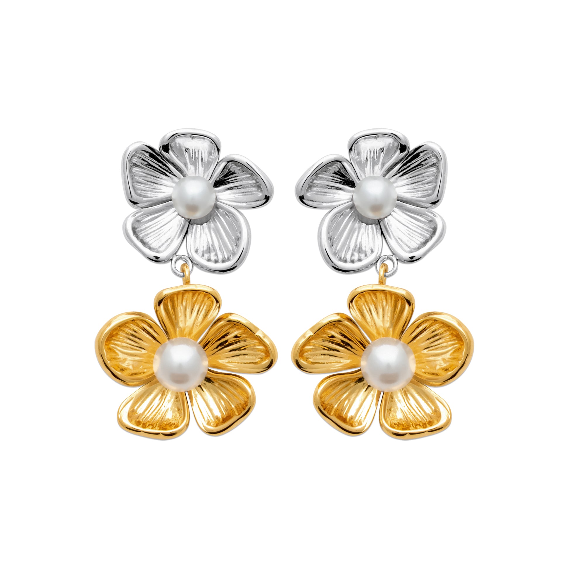Two-Tone Steel Floral Earrings with  Pearl