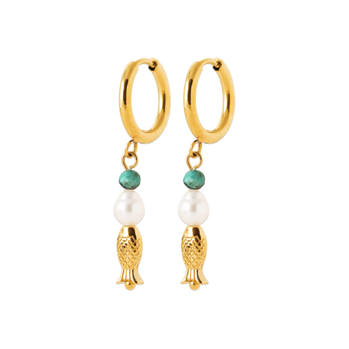 Gold hoop earrings with turquoise bead, freshwater pearl, and gold fish charm inspired by Nordic coastal life by HNKO Finland