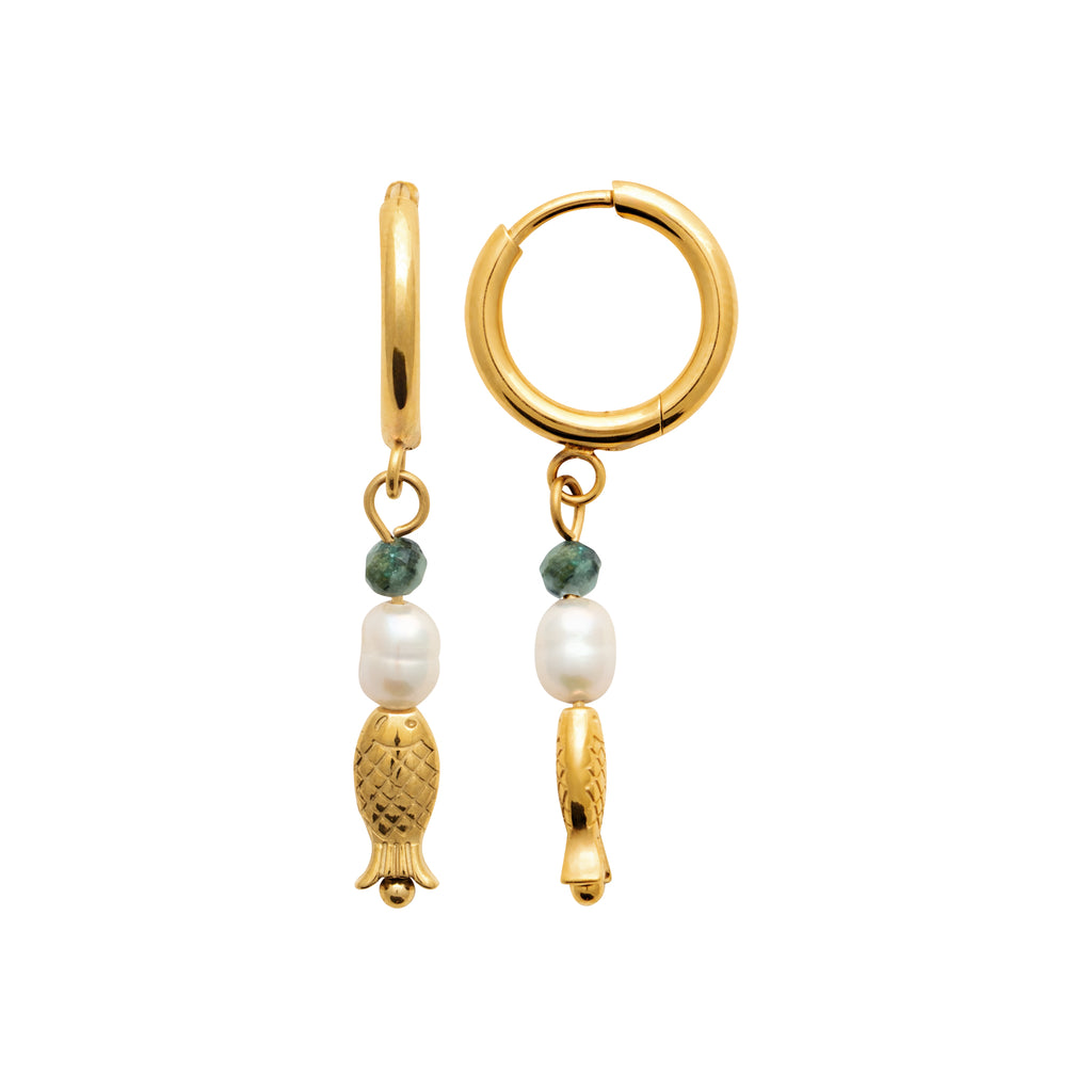 Gold hoop earrings with freshwater pearl, green gemstone and fish charm by HNKO Finland