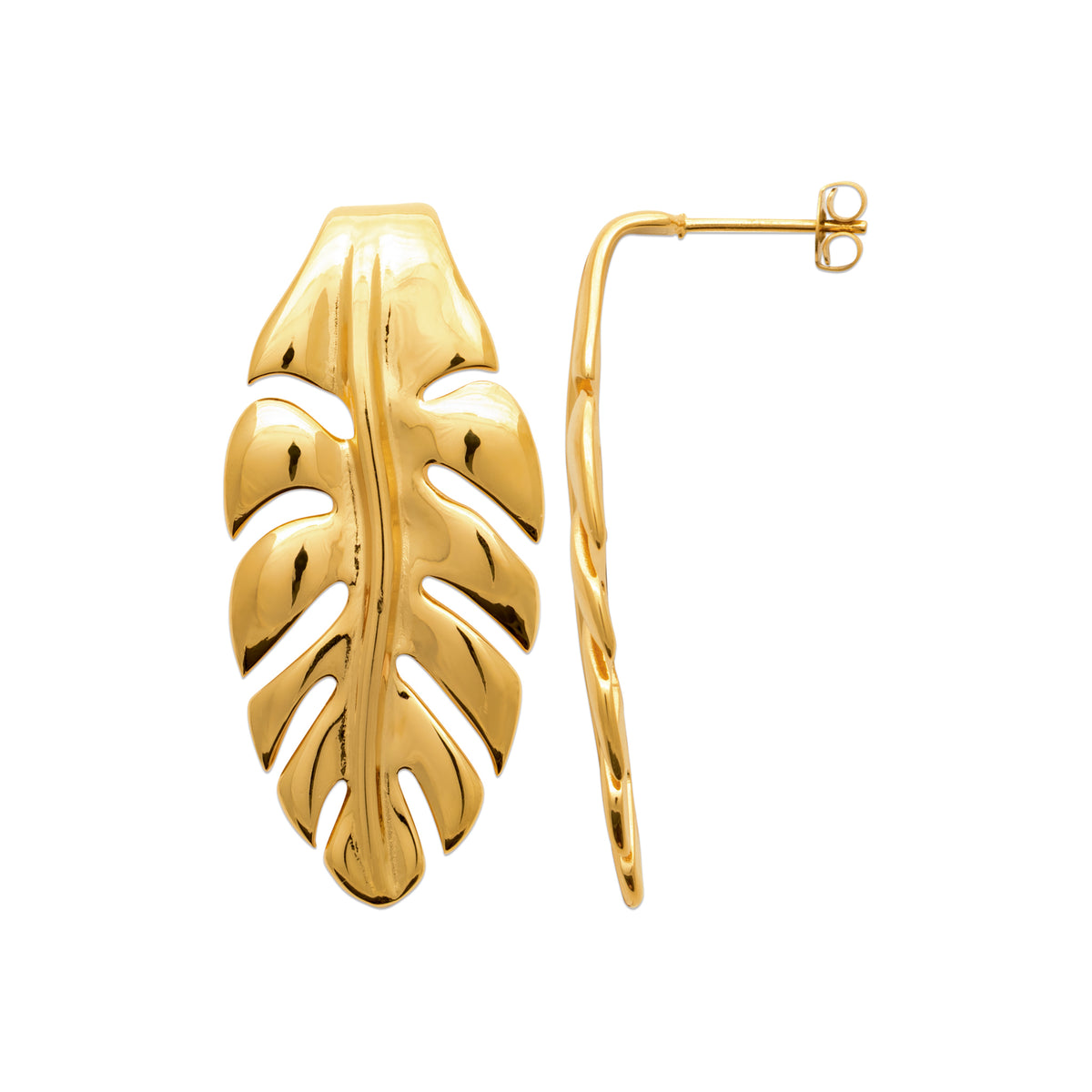 Gold leaf-shaped earring on a white background