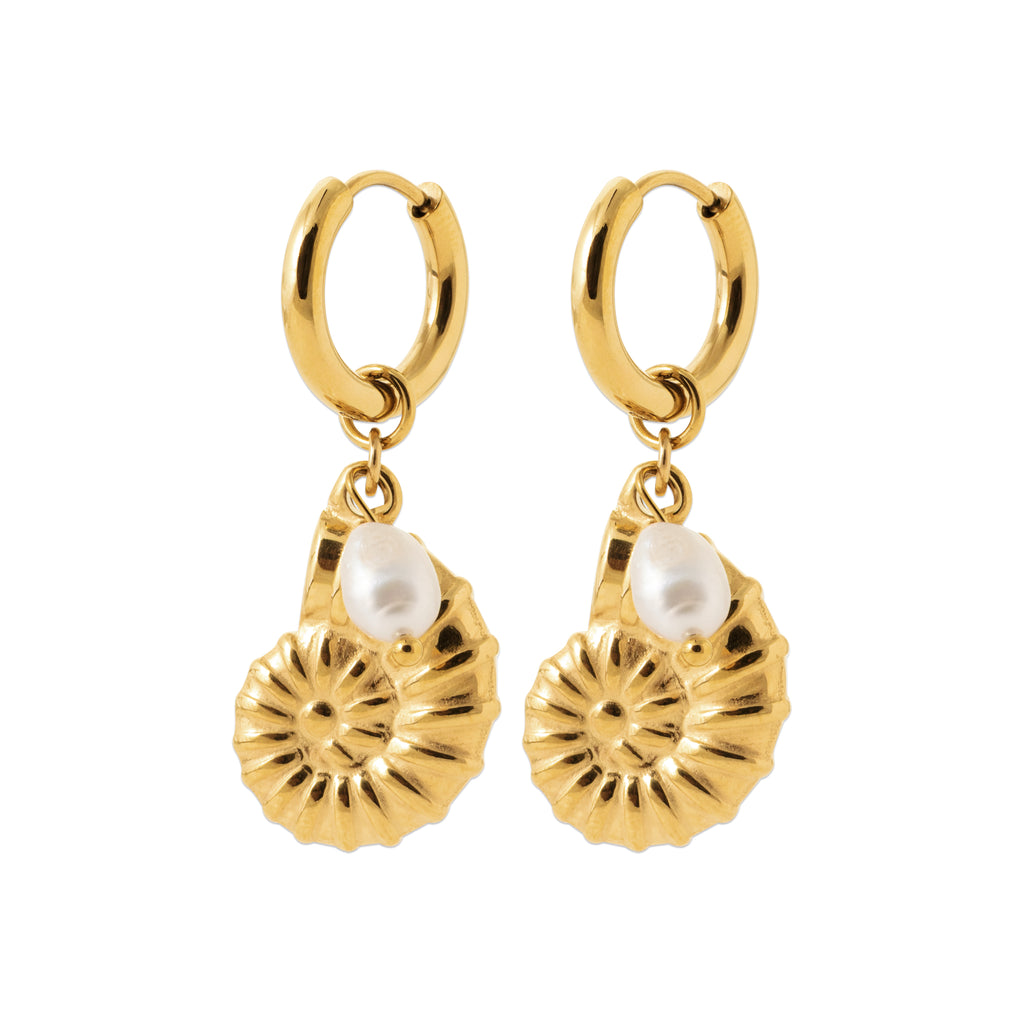 Gold-tone hoop earrings with shell charms and freshwater pearls inspired by Nordic coastal life by HNKO