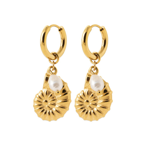 Gold-tone hoop earrings with shell charms and freshwater pearls inspired by Nordic coastal life by HNKO