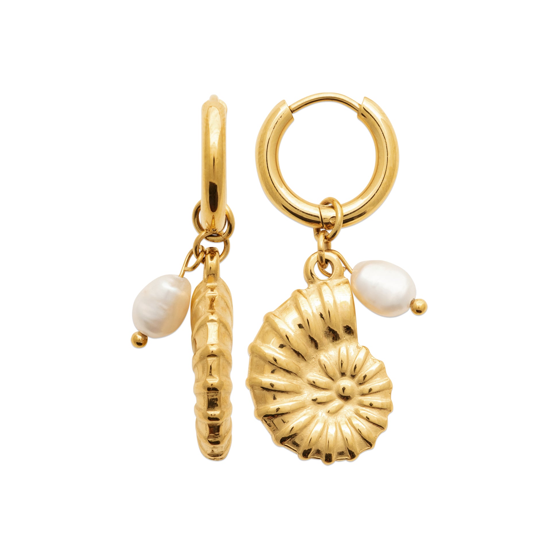 Gold-tone hoop earrings with shell charms and freshwater pearls inspired by Nordic coastal life by HNKO
