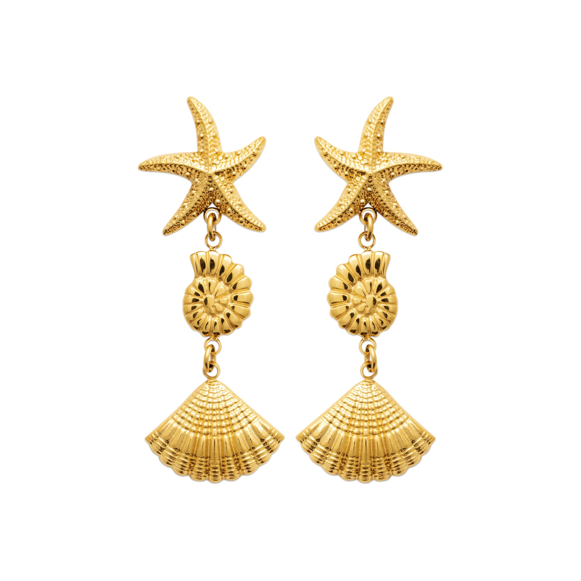 Gold-tone drop earrings featuring starfish, spiral shell and seashell charms inspired by Nordic coastal life by HNKO