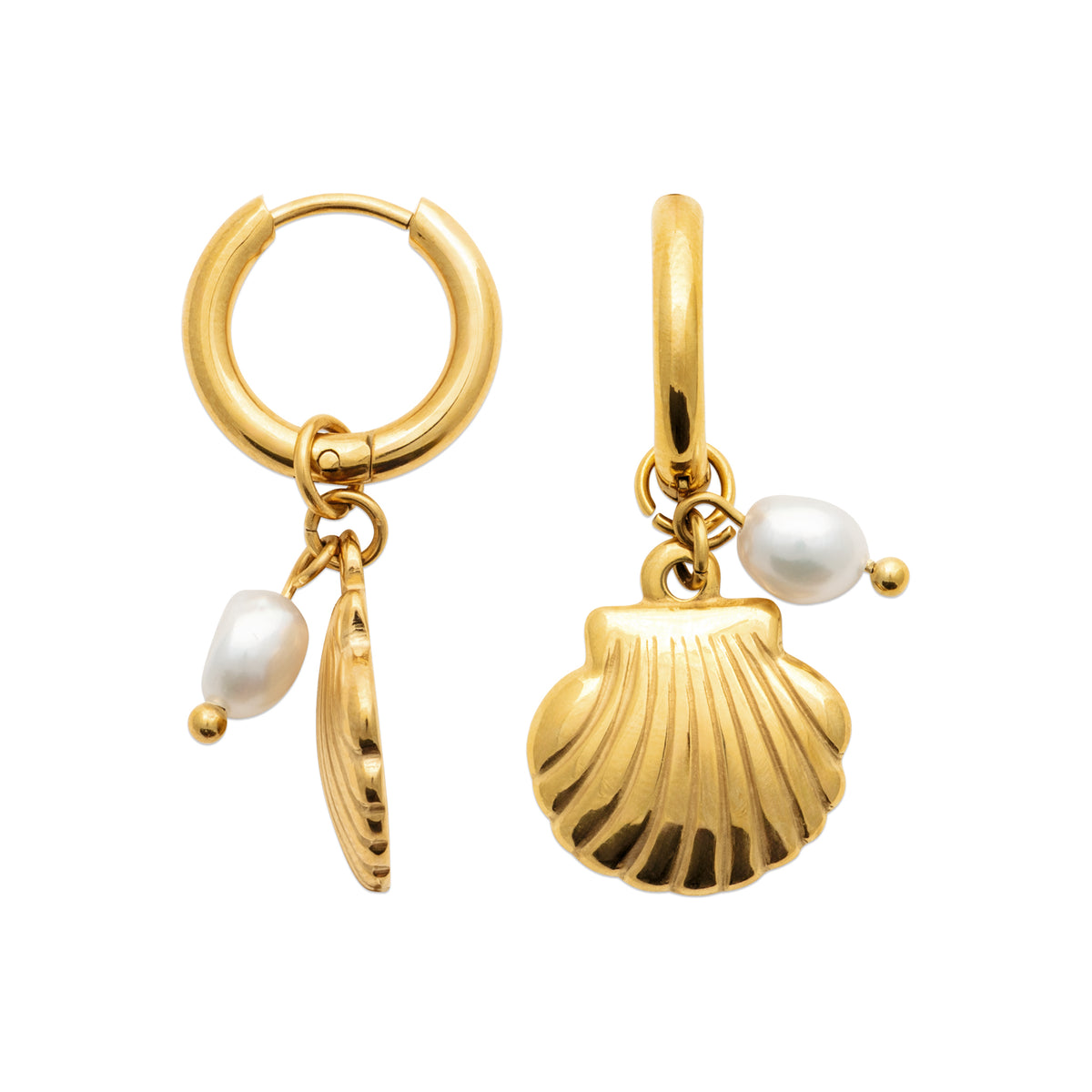 Gold-tone hoop earrings with seashell charms and freshwater pearl accents in a coastal-inspired design by HNKO