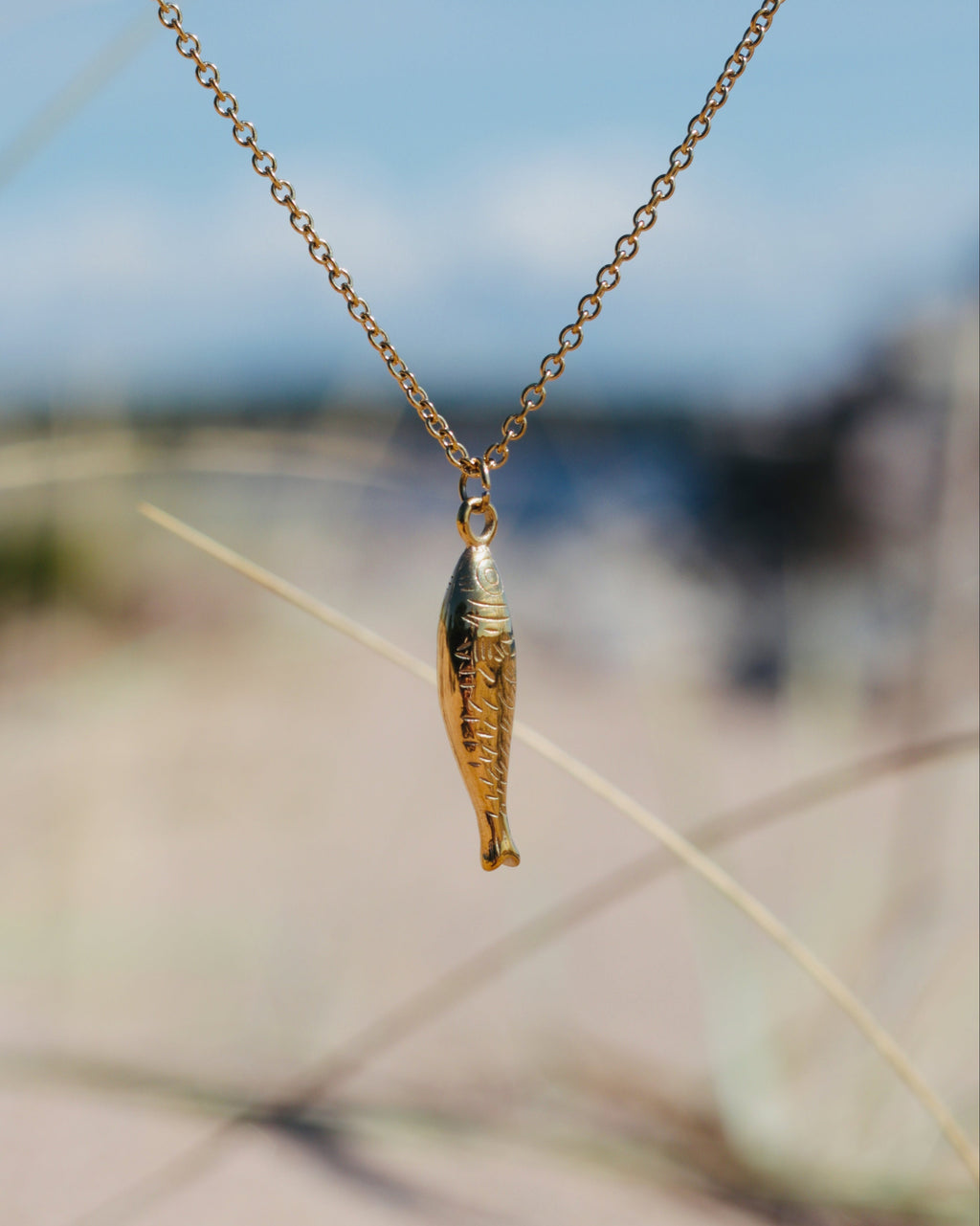 A gold fish-shaped pendant necklace hanging from a delicate gold chain, photographed outdoors against a softly blurred beach or dune background.