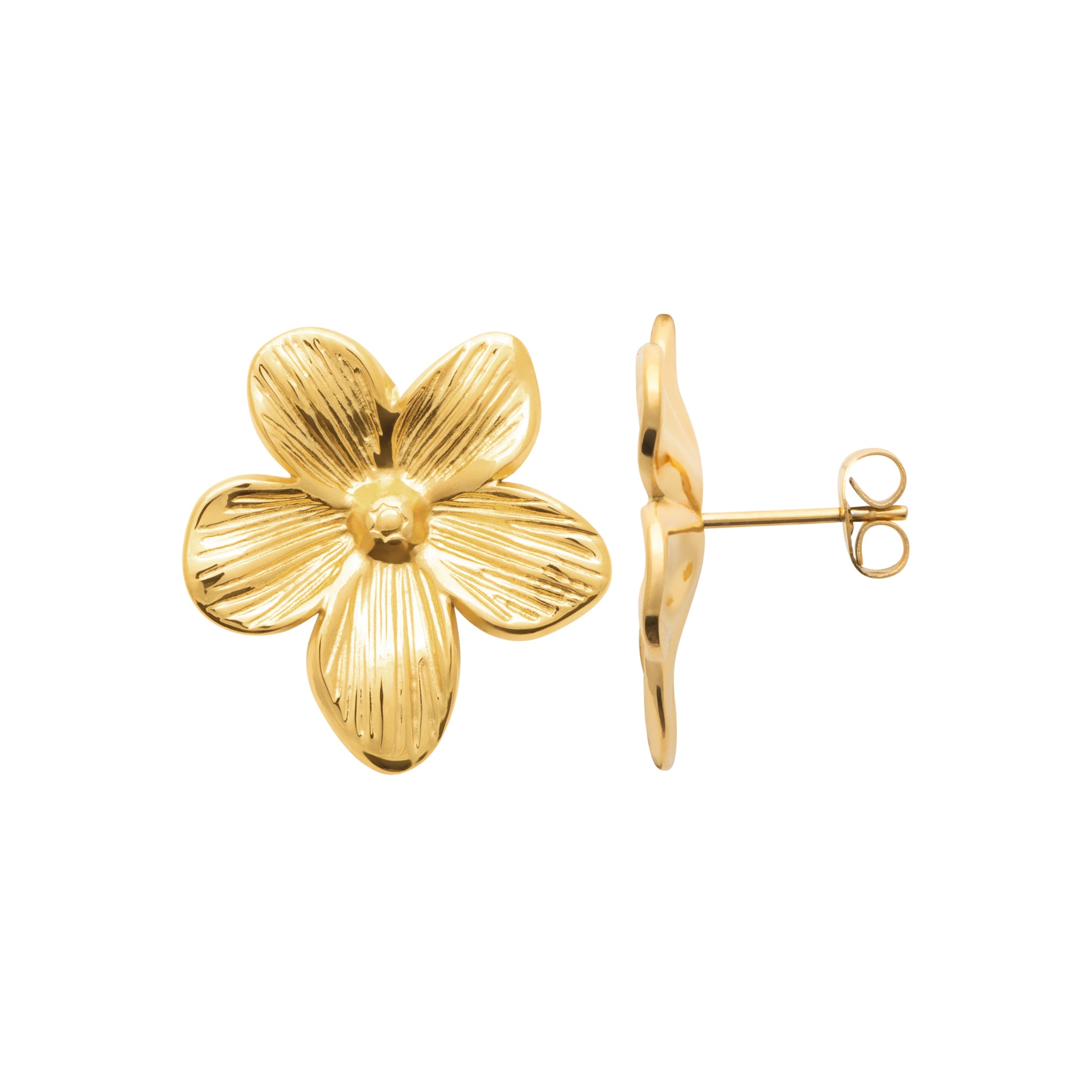 Gold-tone steel floral stud earrings detail view by HNKO