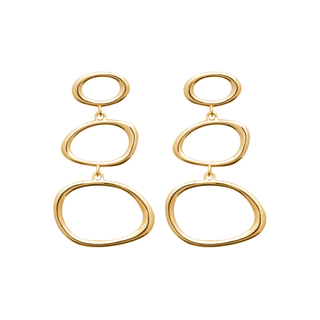 Gold-tone organic link drop earrings with three open sculptural oval forms by HNKO