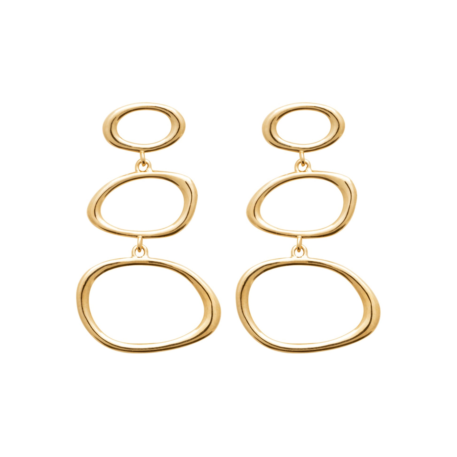 Gold-tone organic link drop earrings with three open sculptural oval forms by HNKO
