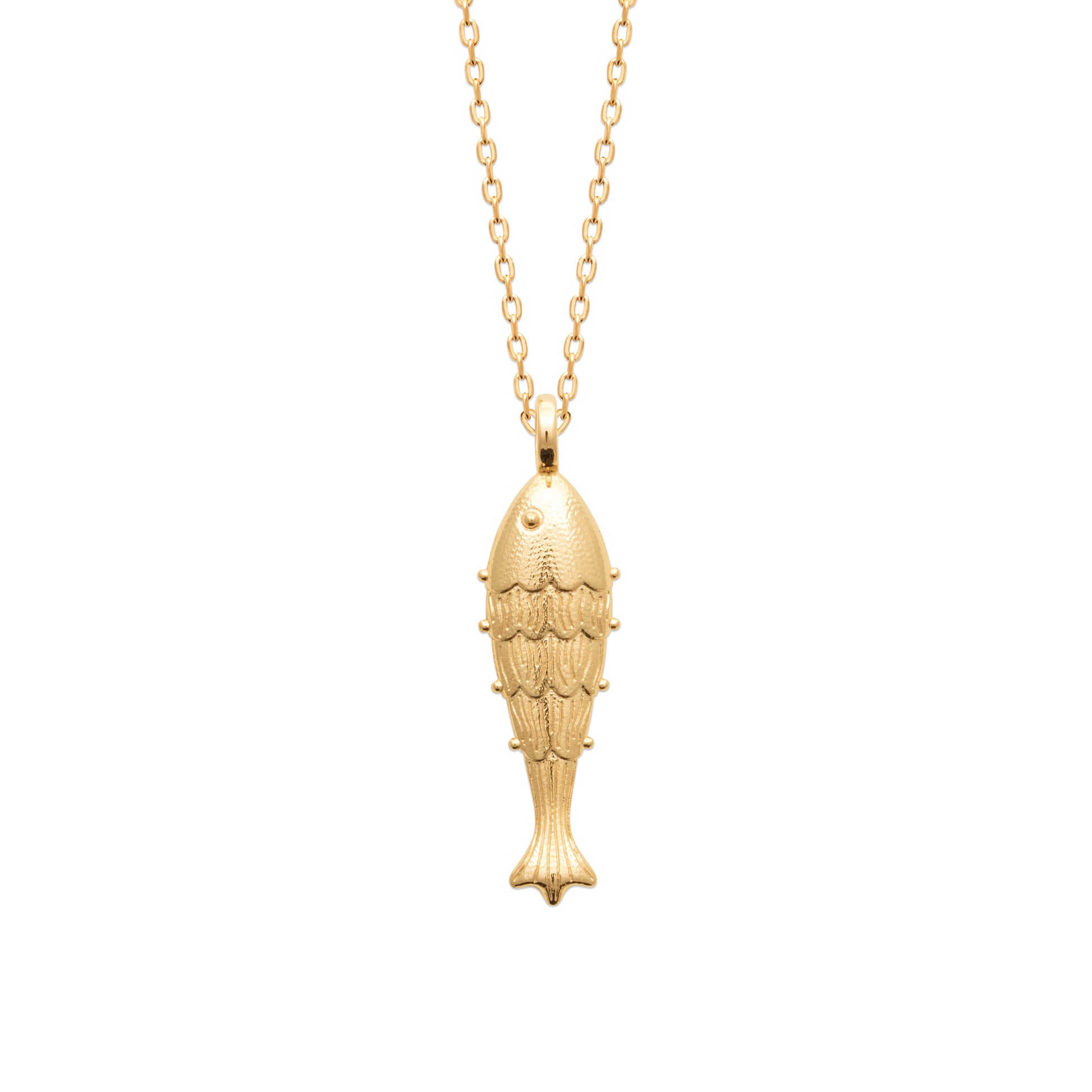 A gold fish-shaped pendant necklace on a delicate gold chain, shown against a plain white background.