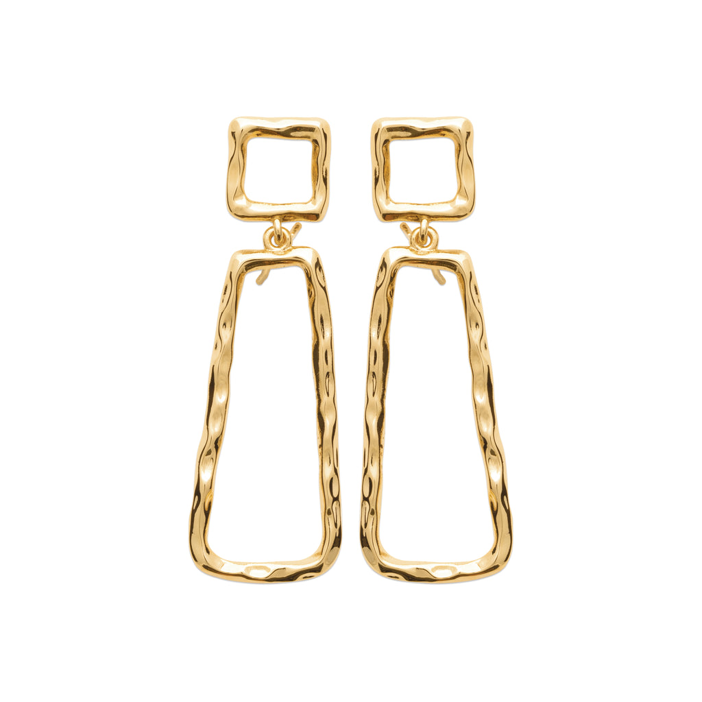 Gold geometric drop earrings with an organic hammered texture by HNKO Finland