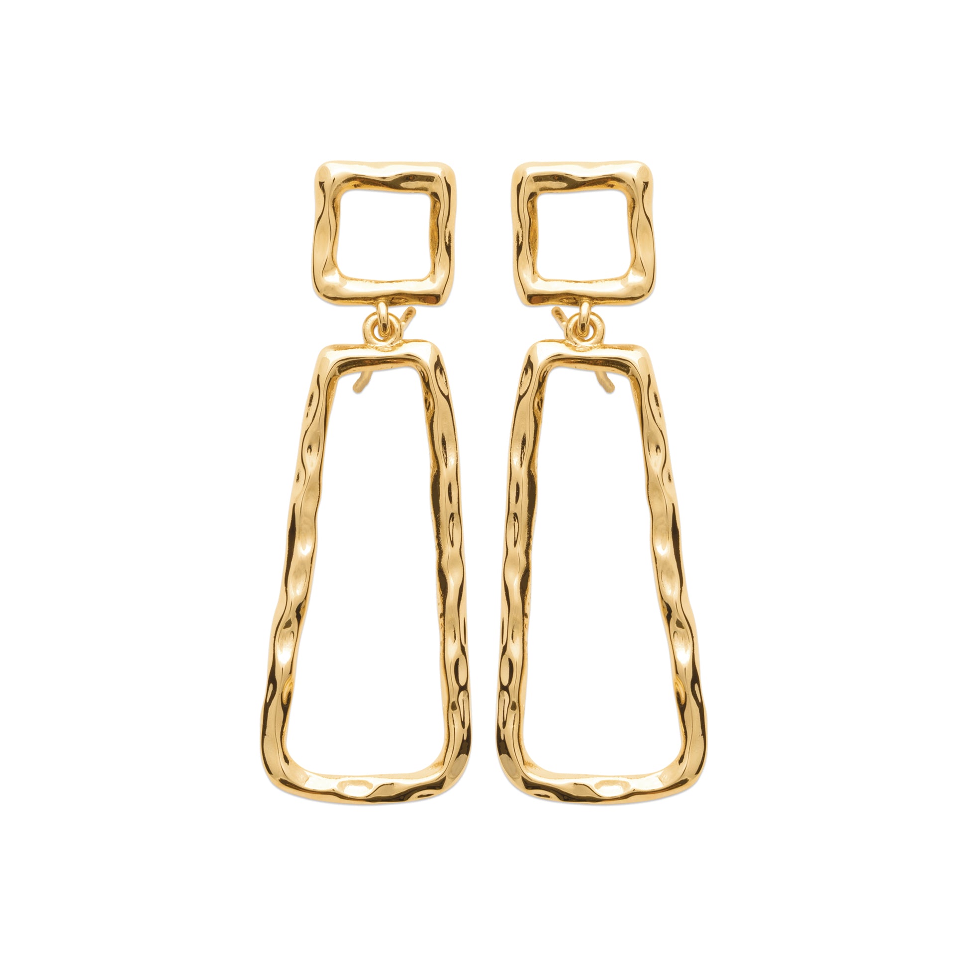 Gold geometric drop earrings with an organic hammered texture by HNKO Finland