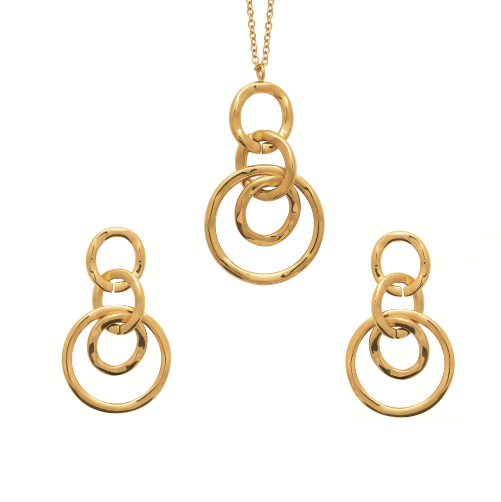 Gold jewelry set featuring a pendant necklace and two matching drop earrings, each with three interlocking circular rings, shown on a plain white background.