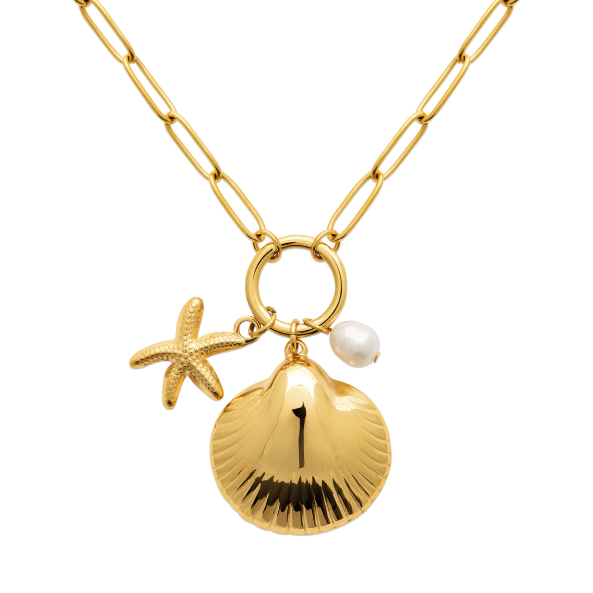 Gold-tone charm necklace featuring a seashell pendant, starfish charm and freshwater pearl inspired by the Nordic coast by HNKO