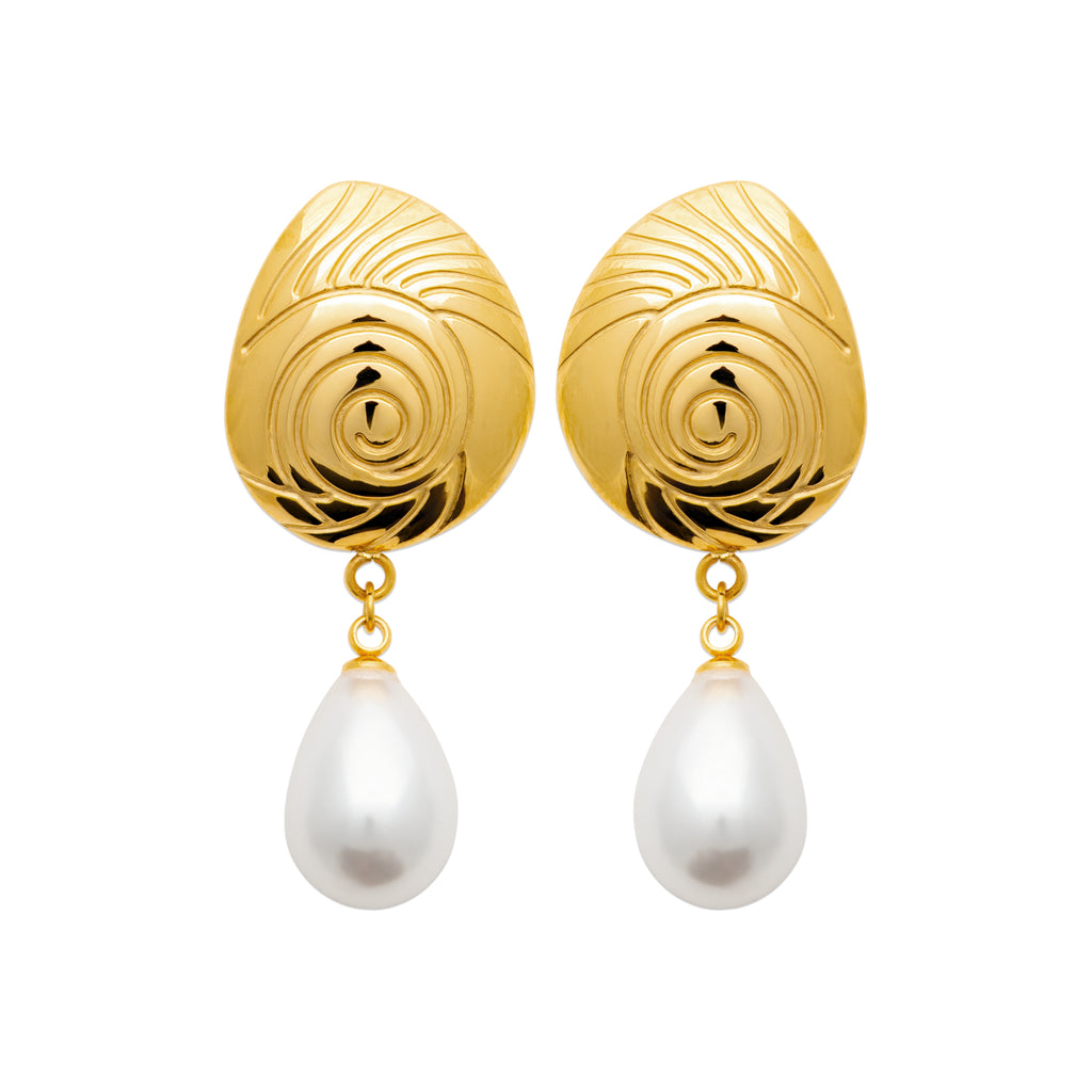 Gold-tone pearl drop earrings with engraved sculptural studs and teardrop freshwater pearls by HNKO