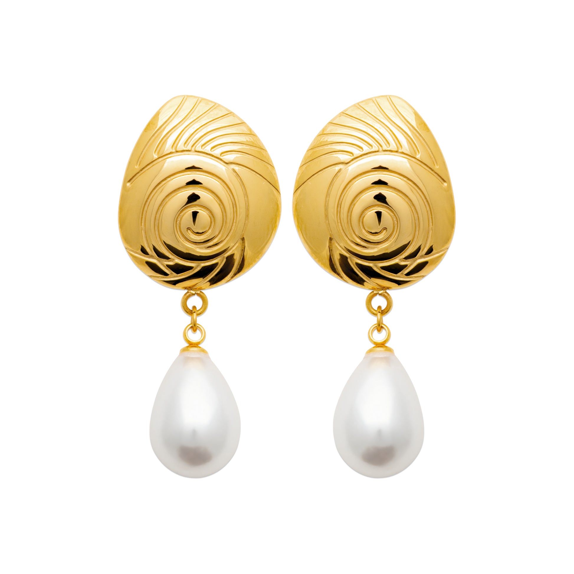 Gold-tone pearl drop earrings with engraved sculptural studs and teardrop freshwater pearls by HNKO