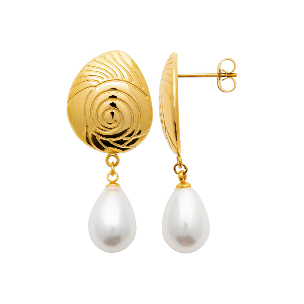 Gold-tone pearl drop earrings with engraved sculptural studs and teardrop freshwater pearls shown from the side by HNKO