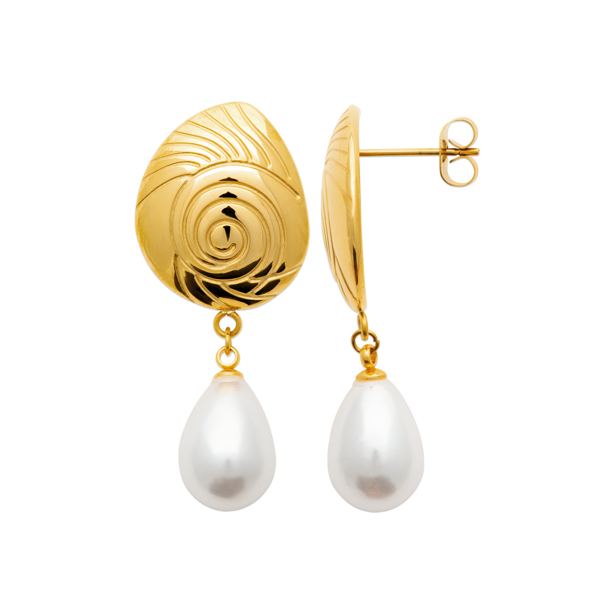 Gold-tone pearl drop earrings with engraved sculptural studs and teardrop freshwater pearls shown from the side by HNKO