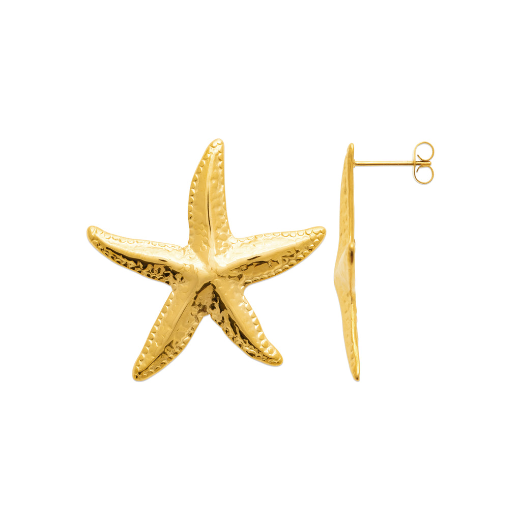 Gold-tone starfish stud earrings shown from front and side views, inspired by Nordic coastal life by HNKO