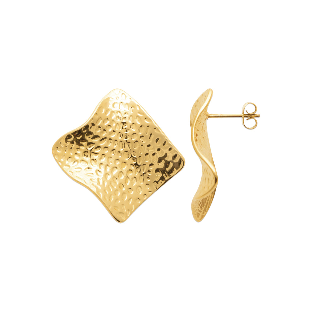 Gold-tone stainless steel statement earrings with a hammered organic texture and sculptural shape inspired by the movement of the sea by HNKO Finland.