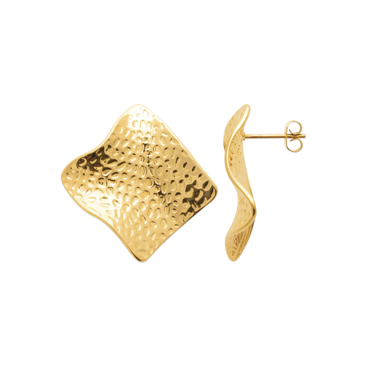 Gold-tone stainless steel statement earrings with a hammered organic texture and sculptural shape inspired by the movement of the sea by HNKO Finland.